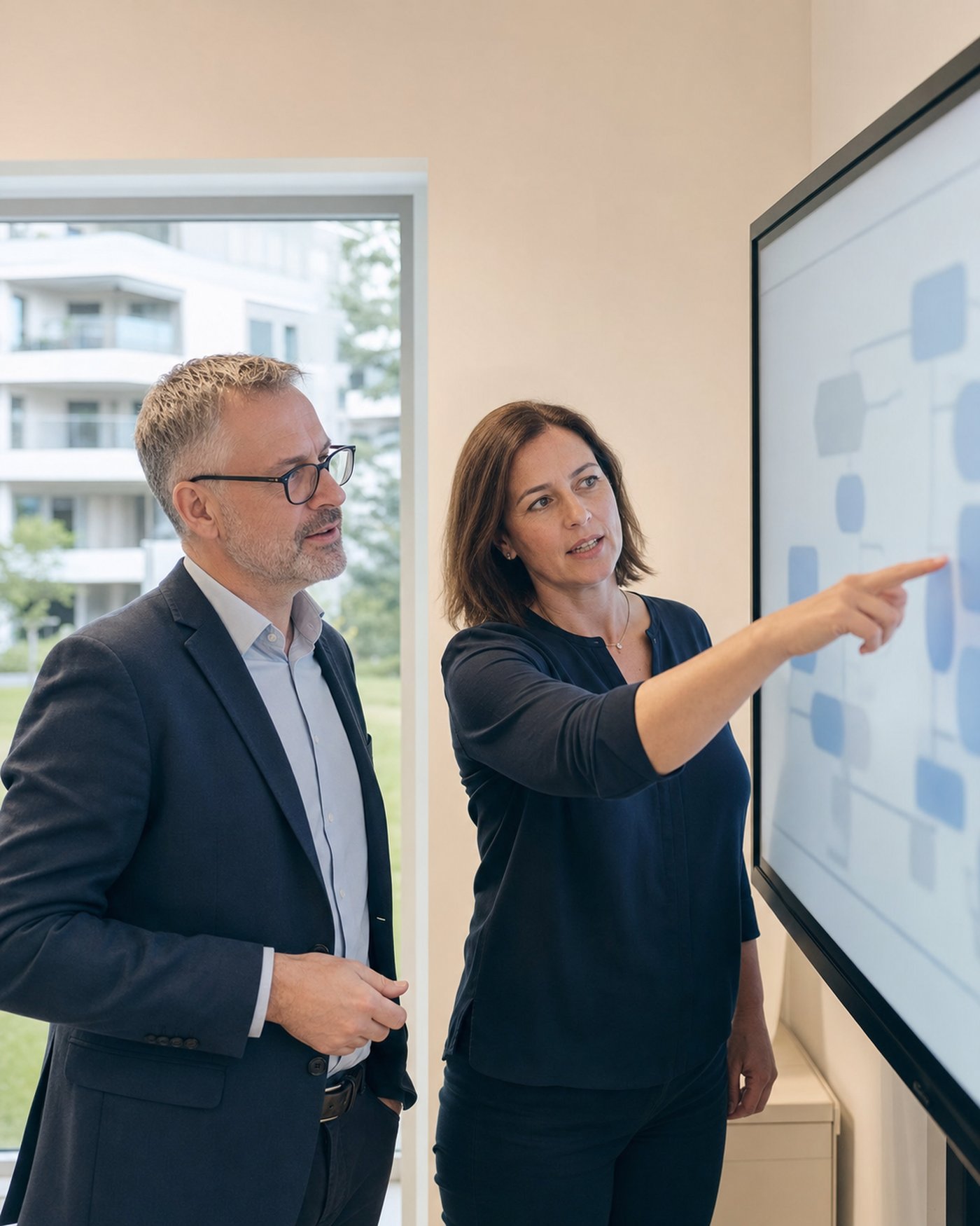 Beraterin von work100 und ein Entscheider einer Wohnungsgenossenschaft besprechen einen Prozessablauf am Bildschirm, im Fenster dahinter die Wohnanlage.