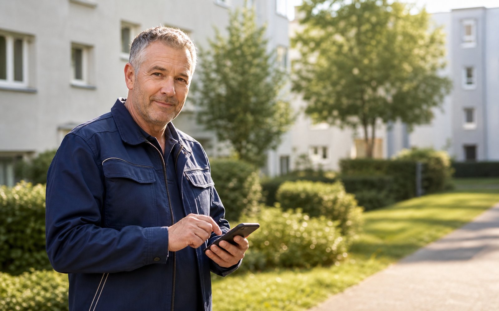Ein Haustechniker steht in einer Wohnanlage und erfasst einen Vorgang auf seinem Smartphone.