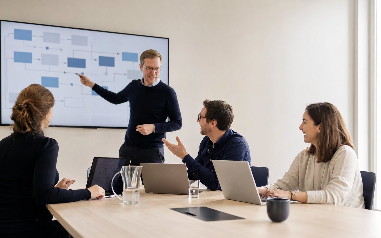 Begehung: vier Personen am Besprechungstisch, an der Wand ein Prozessablauf als Diagramm, einer erklärt daran.